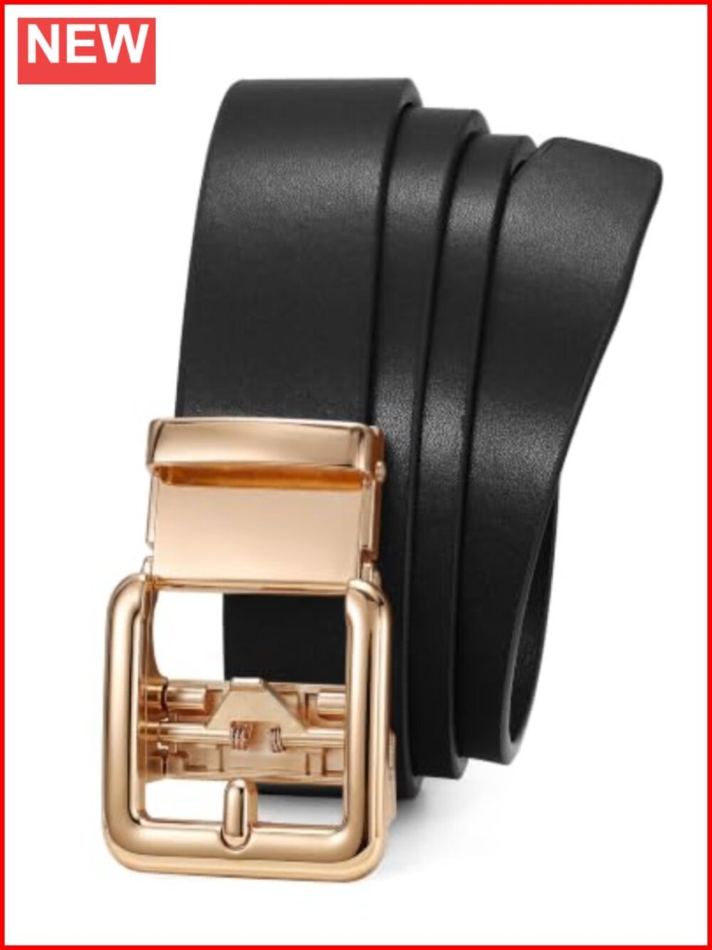 Womens Faux Leather Ratchet Belt Adjustable Gold Buckle Casual Office